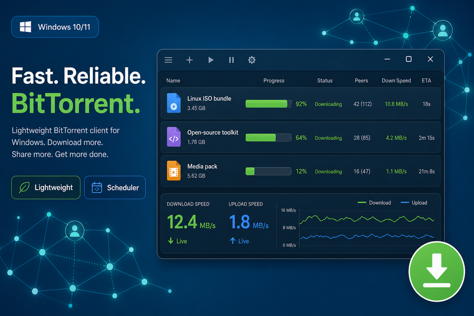 Windows uTorrent window with an active transfer list, live speed meters, and a peer mesh